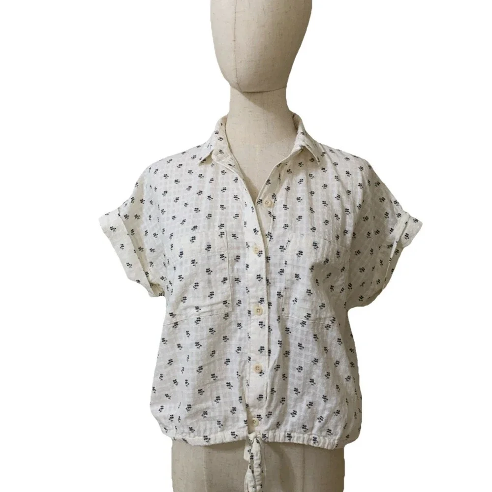 Madewell Drawstring Cotton Crop Button-Up Shirt Size Small Floral - Picture 3 of 6